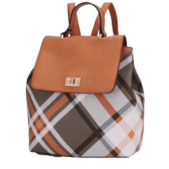 MKF COLLECTION YAYA PLAID BACKPACK COGNAC BROWN TAN NEW WITH TAGS - Picture 1 of 11
